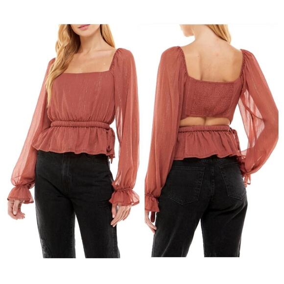 Wayf Women's Dakota Cutout Ruffle Peplum Smocking Top Gold Metallic Cinnamon - Picture 1 of 8